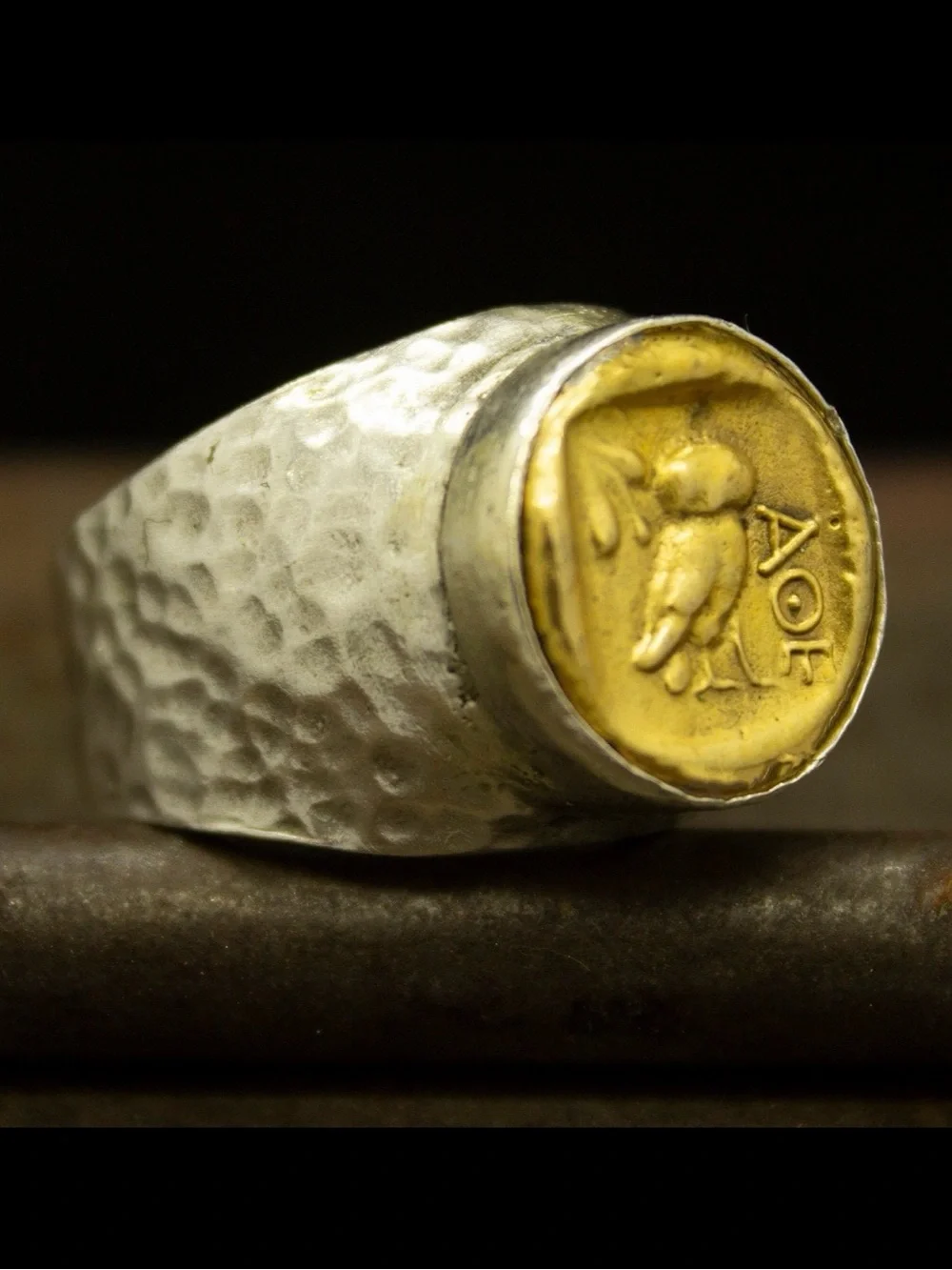 VINTAGE • Sterling Silver Hammered Signet Ring Owl AOE of the Athenian
